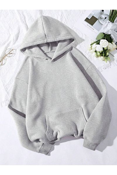 DUBU BUTİK Plain Basic Sweatshirt - Gray Oversize Hoodie
