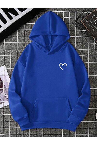 DUBU BUTİK Half Heart Sweatshirt - Cobalt Blue Printed Oversize Hoodie
