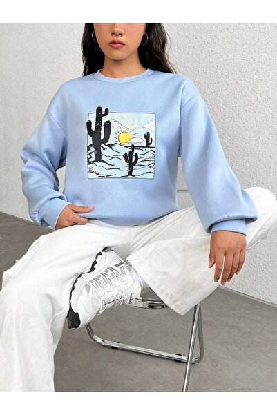 CLAYES Hanorac Arizona Cactus - Baby Blue Printed Oversize Crew Deck