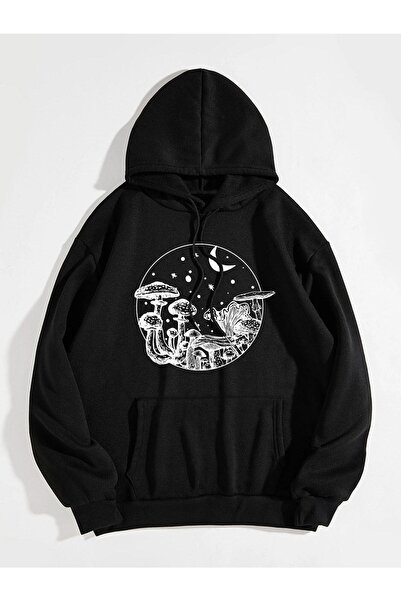 CLAYES Світшот Mushroom Night - чорний з принтом, оверсайз, з капюшоном