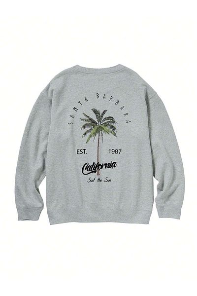 DUBU BUTİK Santa Barbara Winter Thick Sweatshirt - Gray Printed Oversize Thick Winter Crew Neck