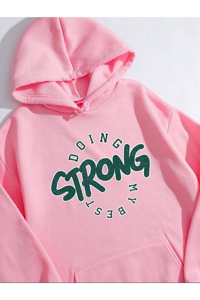 VBSVİBES Γυναικείο ροζ STRONG εμπριμέ φούτερ με κουκούλα Oversize