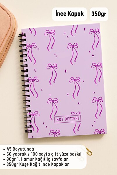 Eldesen Tasarım A5 Spiral Checkered School Notebook, 50 Sheets 100 Pages, Cardboard Cover Notepad, Purple Bow