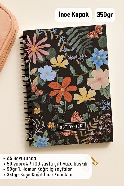 Eldesen Tasarım A5 Spiral Bound Unlined School Notebook, 50 Sheets 100 Pages, Cardboard Cover Notepad, Butterfly