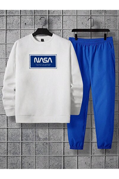 DUBU BUTİK Nasa Unkown Tracksuit Set Sweatshirt Jogger - біла сорочка з принтом Sax Blue Shirt Crew Neck