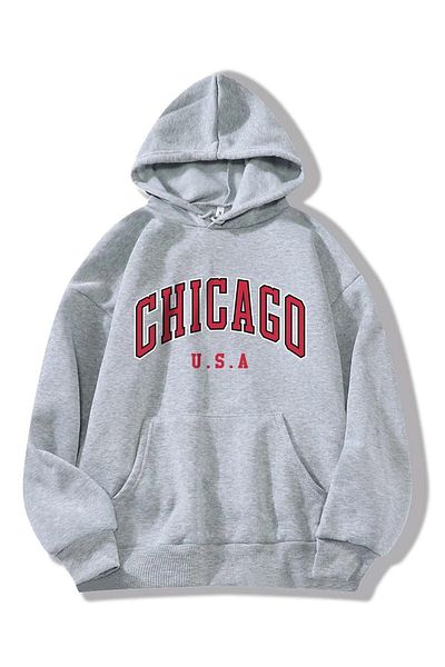 VBSVİBES Hanorac oversize cu glugă cu imprimeu Chicago - 2 fire, 100% bumbac, design gros