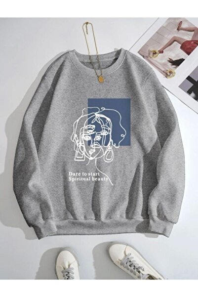 DUBU BUTİK Hanorac Spiritual Line Figure - Gri Imprimat Oversize Gros Winter ...