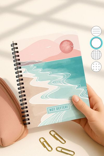 Eldesen Tasarım A5 Spiral Bound Unlined School Notebook, 50 Sheets 100 Pages, Cardboard Cover Notepad, Pink Boholo