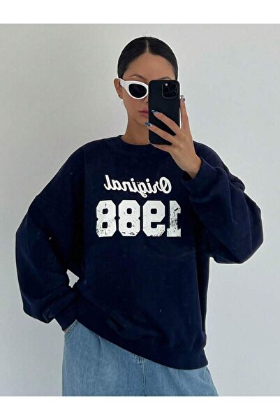 DUBU BUTİK Оригінальний світшот 1988 року - темно-синій принтований товстий зимовий екіпаж з великою горловиною