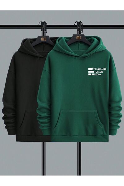 CLAYES Плътен зимен суитчър от 2 части Still Freedom - Черен Nefti Green Printed Oversize Hoodie