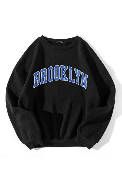 DUBU BUTİK Hanorac Brooklyn Blue Design - Negru Imprimat Oversize Decolteu Crew