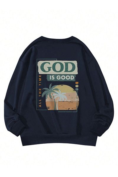 DUBU BUTİK God Is Good Winter Thick Sweatshirt - Navy Blue Printed Oversize Thick Winter Crew Neck