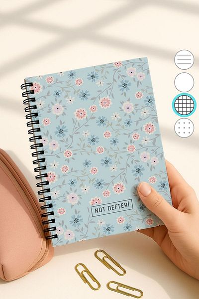 Eldesen Tasarım A5 Spiral Checkered School Notebook, 50 Sheets 100 Pages, Cardboard Cover Notepad, Blue Floral