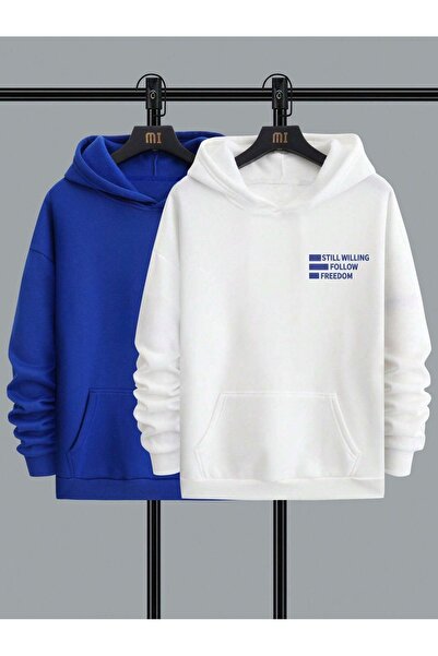 DUBU BUTİK Πακέτο 2 Still Freedom Χοντρό χειμωνιάτικο φούτερ - Λευκό Sax Blue Printed Oversize Hooded