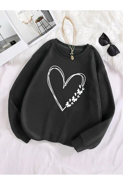 DUBU BUTİK Butterfly Heart Pattern Sweatshirt - Black Printed Oversize Thick Winter Crew Neck