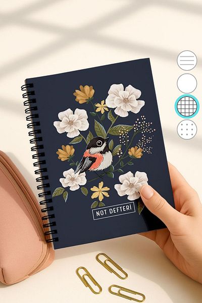 Eldesen Tasarım A5 Spiral Checkered School Notebook, 50 Sheets 100 Pages, Cardboard Cover Notepad, Blue Bird