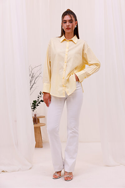 LA PANTE Дамски комплект с широка, свободна, дълга ръкавна жълта риза с копчета