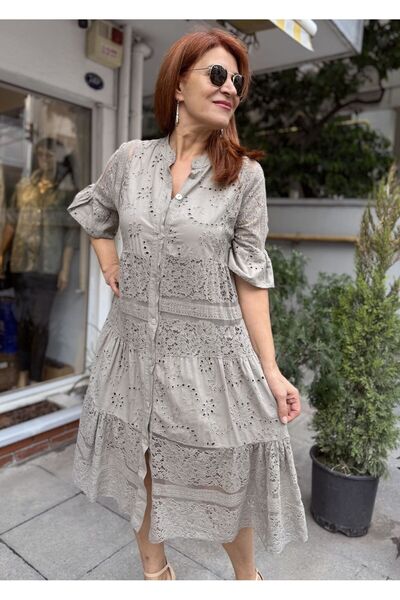 DenizEge Rochie Midi din Dantela Italiană Guipure Mink