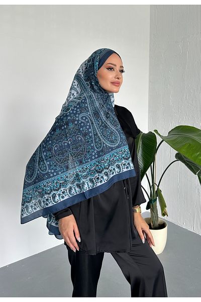 Stella Eşarp Colorful Paisley Ethnic Patterned Indigo Color Soft Cotton Shawl