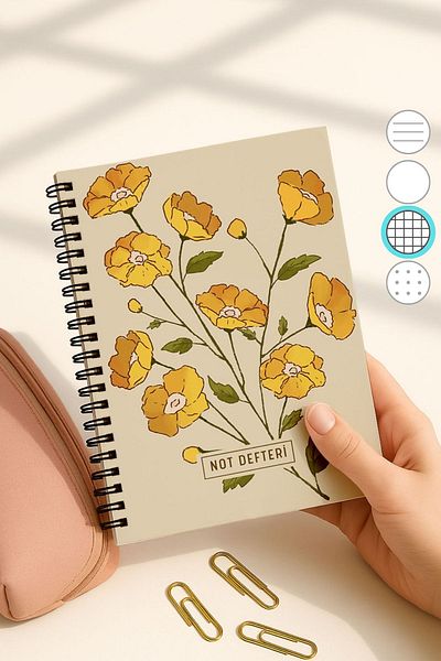 Eldesen Tasarım A5 Spiral Checkered School Notebook, 50 Sheets 100 Pages, Cardboard Cover Notepad, Orange Flower