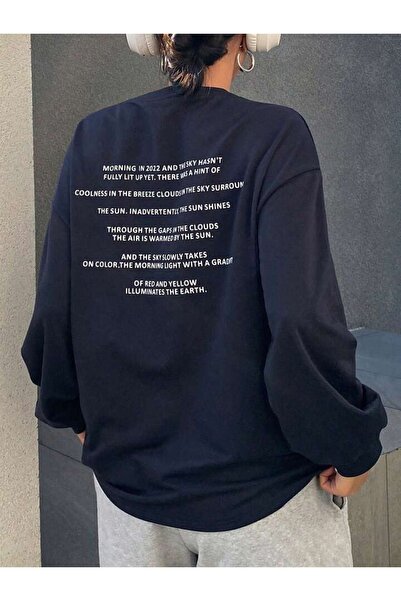 DUBU BUTİK Coolness Breeze Oversize Sweatshirt - Синій з принтом, товстий зимовий, велосипедний комір