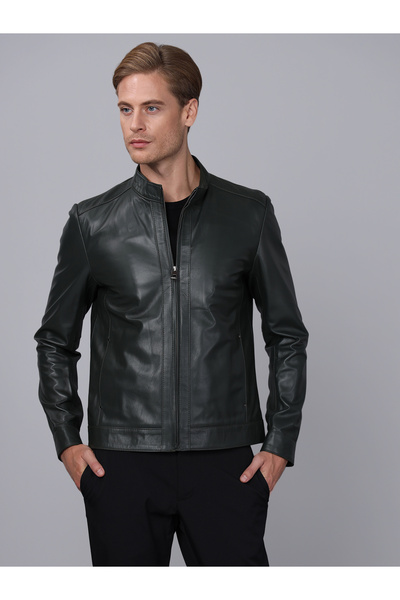 Basics&More سترة جلدية كلاسيكية للرجال بسحاب من الجلد الطبيعي باللون الأخضر ا...