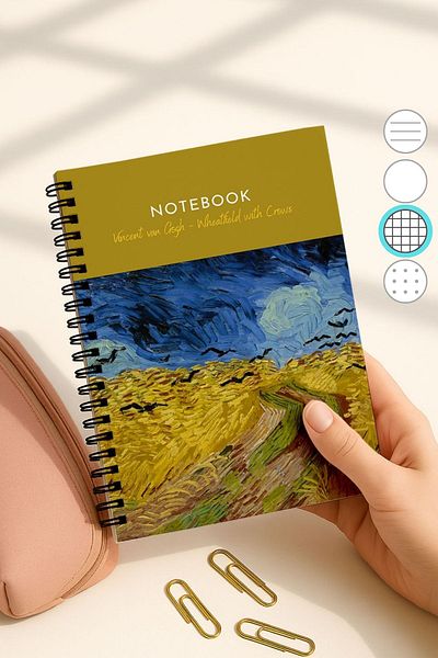 Eldesen Tasarım Van Gogh A5 Spiral Checkered School Notebook, 50 Sheets 100 Pages, Cardboard Cover Notepad, Crows