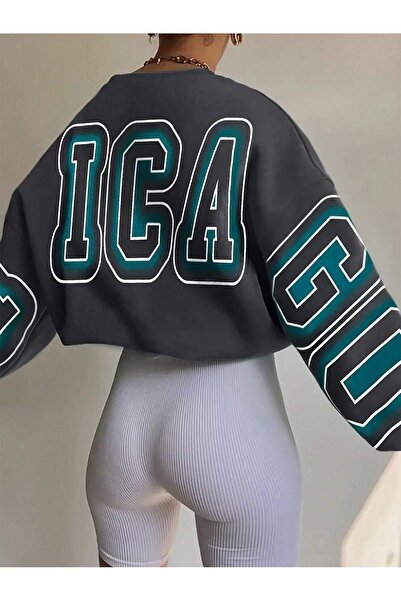 DUBU BUTİK Ica Winter Thick Sweatshirt - Smoke Printed Oversize Thick Winter Crew Neck