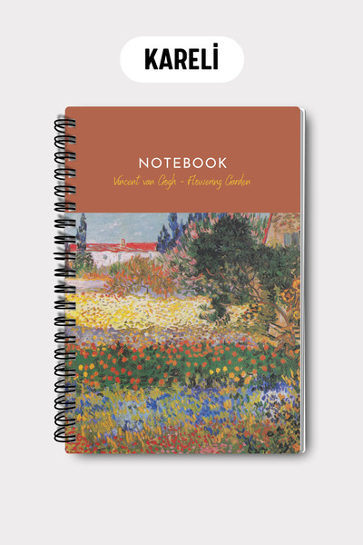 Eldesen Tasarım Van Gogh A5 Spiral Checkered School Notebook, 50 Sheets 100 Pages, Cardboard Cover Notepad, Garden