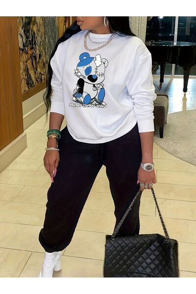 DUBU BUTİK Money Mind Bear Tracksuit Set - White Black Printed Winter Crew Neck