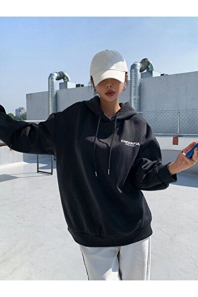 DUBU BUTİK Hanorac de sărbători vesele - Hanorac supradimensionat negru cu im...