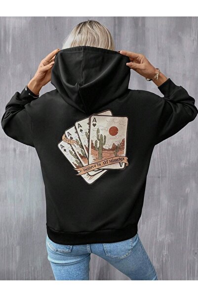 DUBU BUTİK Φούτερ Miracles Card - Μαύρη στάμπα Oversize Hooded