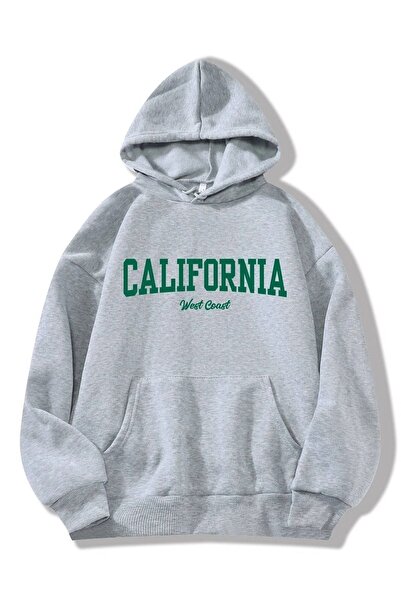 DUBU BUTİK Φούτερ California West Coast - Γκρι εμπριμέ κουκούλα oversize