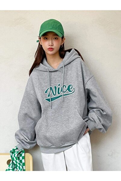 DUBU BUTİK Ωραίο φούτερ - Γκρι στάμπα Oversize με κουκούλα