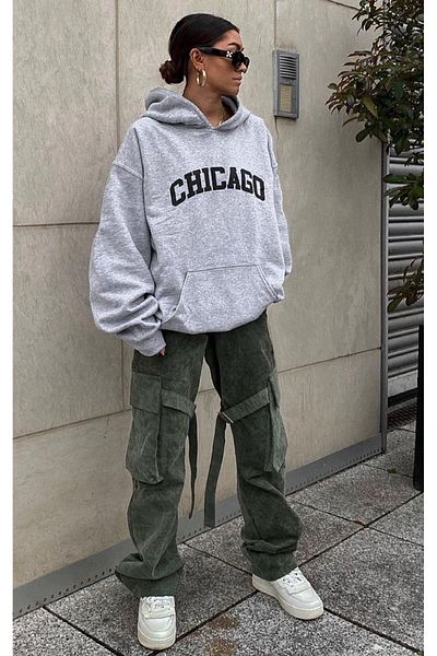 DUBU BUTİK Chicago Sweatshirt - Gray Printed Oversize Hoodie