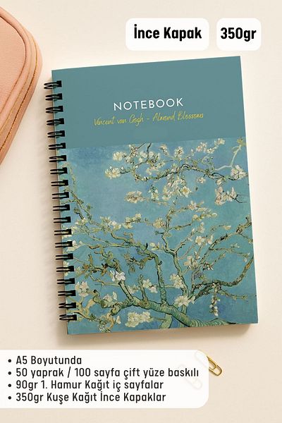 Eldesen Tasarım Van Gogh A5 Spiral Checkered School Notebook, 50 Sheets 100 Pages, Cardboard Cover Notepad, Almond