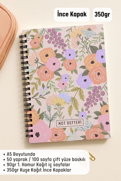 Eldesen Tasarım A5 Spiral Dotted School Notebook, 50 Sheets 100 Pages, Cardboard Cover Notepad, Cotton Candy