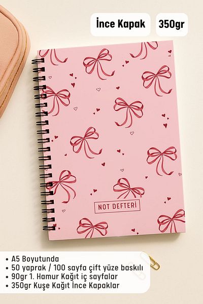 Eldesen Tasarım A5 Spiral Dotted School Notebook, 50 Sheets 100 Pages, Cardboard Cover Notepad, Pink Bow