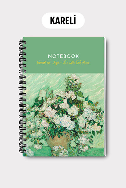Eldesen Tasarım Van Gogh A5 Spiral Checkered School Notebook, 50 Sheets 100 Pages, Cardboard Cover Notepad, Vase