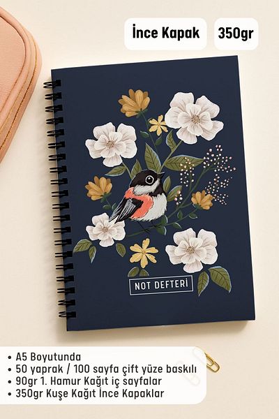 Eldesen Tasarım A5 Spiral Dotted School Notebook, 50 Sheets 100 Pages, Cardboard Cover Notepad,
