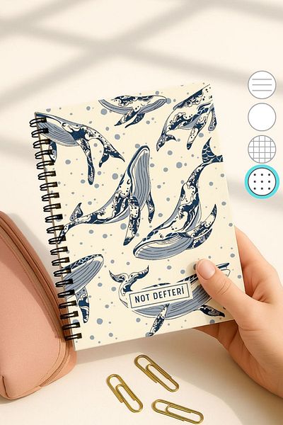 Eldesen Tasarım A5 Spiral Dotted School Notebook, 50 Sheets 100 Pages, Cardboard Cover Notepad, Whales