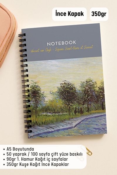 Eldesen Tasarım Van Gogh A5 Spiral Checkered School Notebook, 50 Sheets 100 Pages, Cardboard Cover Notepad, Day