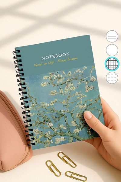 Eldesen Tasarım Van Gogh A5 Spiral Checkered School Notebook, 50 Sheets 100 Pages, Cardboard Cover Notepad, Almond