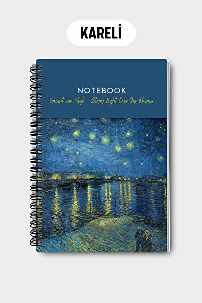 Eldesen Tasarım Van Gogh A5 Spiral Checkered School Notebook, 50 Sheets 100 Pages, Cardboard Cover Notepad, River Rhine