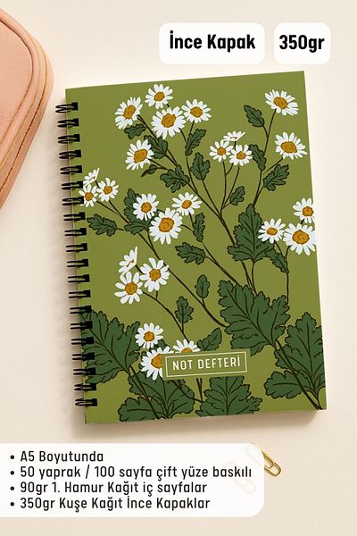 Eldesen Tasarım A5 Spiral Checkered School Notebook, 50 Sheets 100 Pages, Cardboard Cover Notepad, Green Daisy