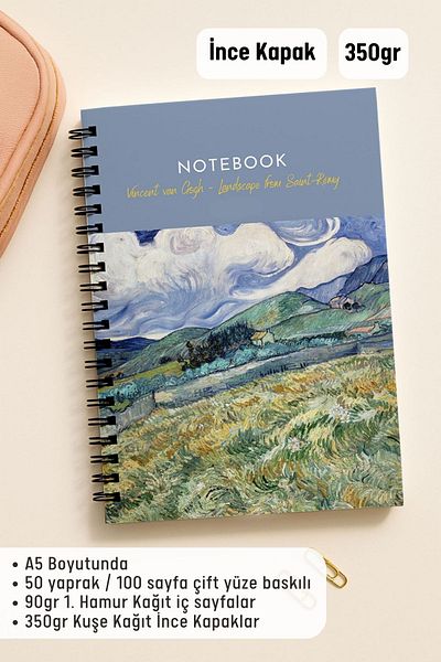 Eldesen Tasarım Van Gogh A5 Spiral Checkered School Notebook, 50 Sheets 100 Pages, Cardboard Cover Notepad, Landscape