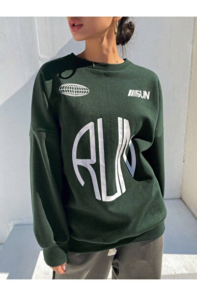 DUBU BUTİK Φούτερ με λογότυπο Run - Πράσινη στάμπα, χοντρή χειμερινή λαιμόκοψη