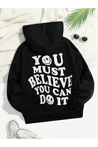 DUBU BUTİK You Must Believe Sweatshirt - غطاء رأس أسود مطبوع كبير الحجم