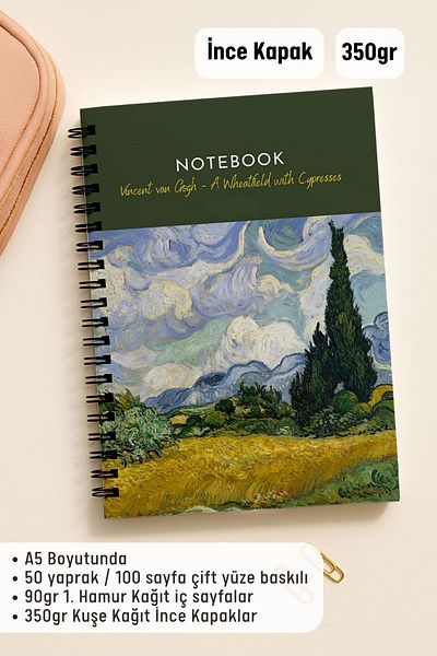 Eldesen Tasarım Van Gogh A5 Spiral Checkered School Notebook, 50 Sheets 100 Pages, Cardboard Cover Notepad, Wheat