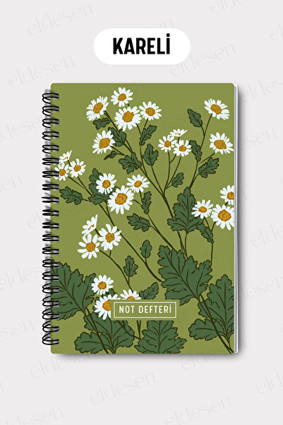 Eldesen Tasarım A5 Spiral Checkered School Notebook, 50 Sheets 100 Pages, Cardboard Cover Notepad, Green Daisy
